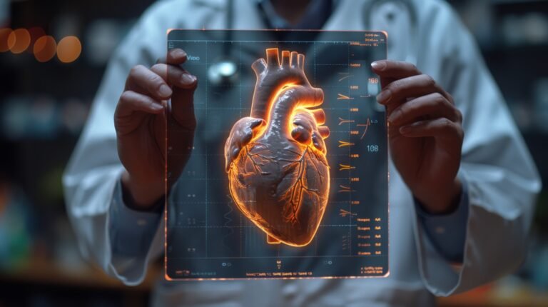 A professional holds a transparent screen displaying an anatomical heart diagram. The screen shows glowing indicators. The person, wearing a medical coat and stethoscope, holds the screen with both hands. The presentation of the heart is in shades of orange, contrasting with the dark background. The composition is focused and professional. This imagery can be used to depict advancements in medical technology, healthcare, or educational materials related to cardiology and human anatomy. The image can provide a visual for articles, presentations, or campaigns focused on health awareness.